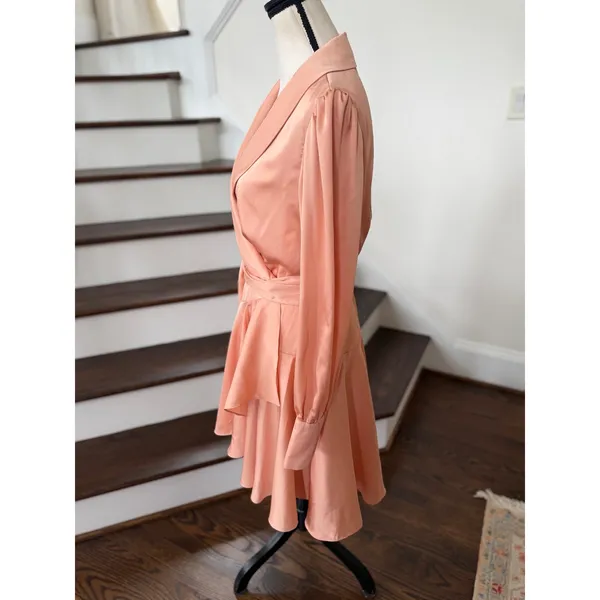 Mac Duggal Warm Pink Satin Blouson Sleeve Ruffle Midi Wrap Cocktail Party Dress - Image 3