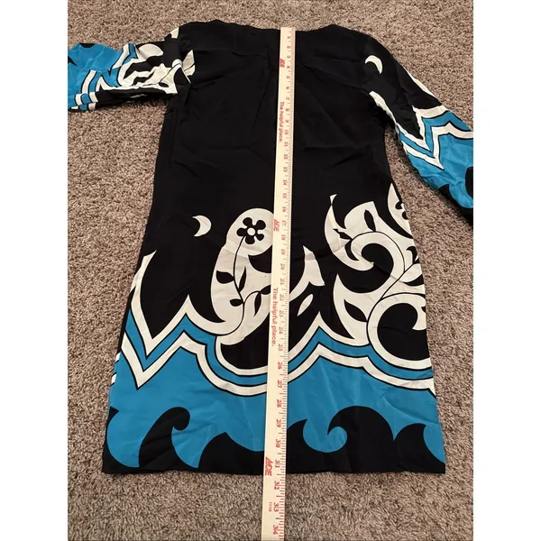 Vintage Y2K Tibi Silk Dress 4 Teal Blue & Black Scarf Pattern Baby Doll Dress - Image 7