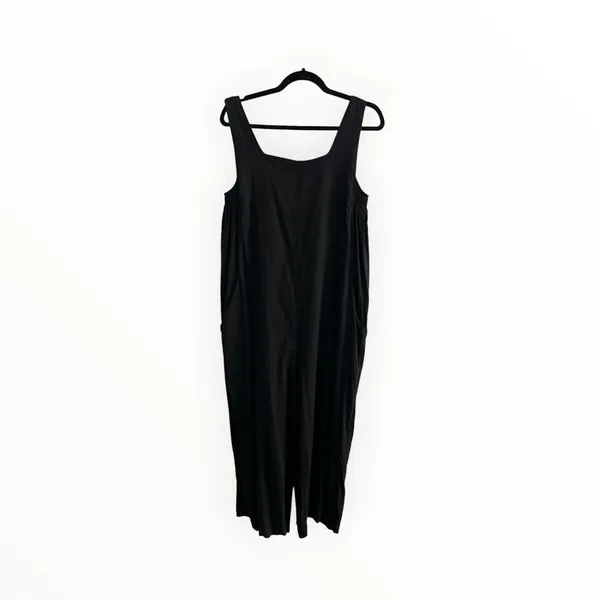 Halston Black Linen Blend Wide Leg Jumpsuit Square Neck Pockets 10 - Image 3