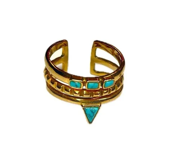 Stella & Dot Turquoise Stacked Stone Adjustable Gold Ring Tribal EUC - Image 2