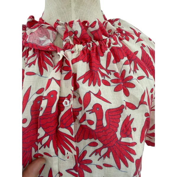 Nimo With Love Linen Bird Print Ruffle Neck Blouse‎ Red Cream Size XS - Image 4