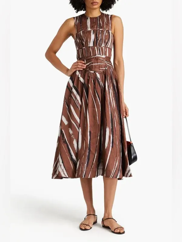 NEW Aje Gabrielle Stripe Pleated Linen Blend Midi Dress brown black small (8) - Image 3
