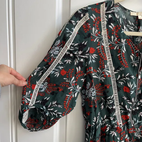 Maje Rubik‎ Imprime Floral Dress Womens 2 Small Green Red Boho Lace Trim V-Neck - Image 6