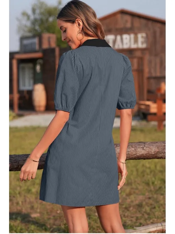 NEW V Neck Short Sleeve Button Down Striped Dress L Gray Size L - Image 7