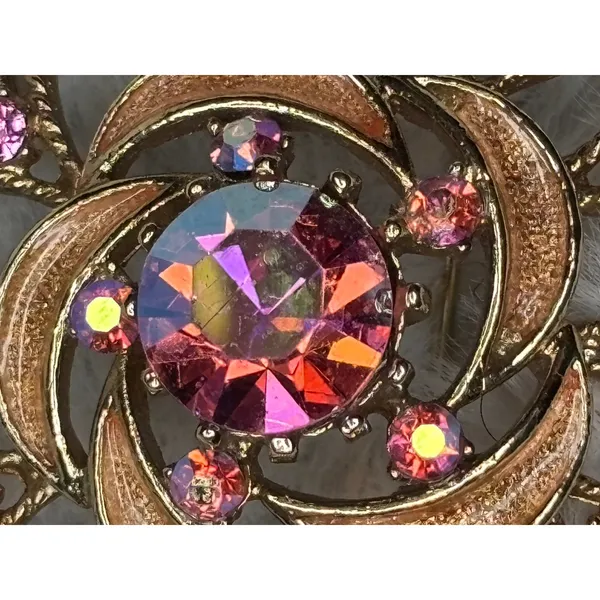 Vintage Gold Tone Aurora Borealis Rhinestone Sunburst Floral Brooch Pin 5cm - Image 4