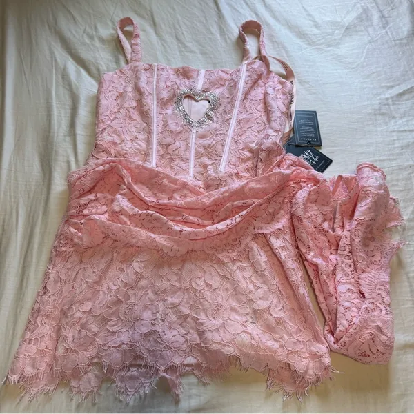 Dressmezee - TASTE OF LOVE HEART CUT OUT LACE MINI DRESS - PINK - Image 7