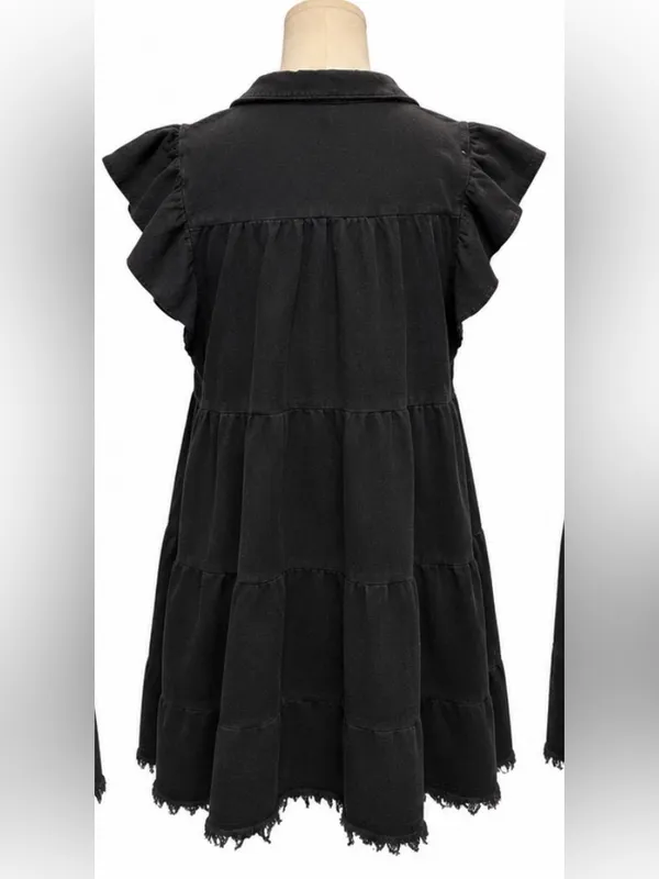 Umgee Black Ruffle Sleeve Tiered Cotton Mini Dress Size 10 Raw Hem - Image 3