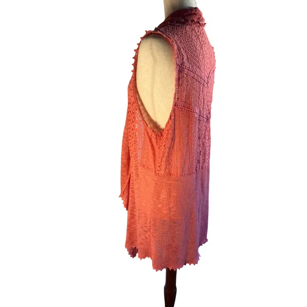 Coral Lace Crochet Long Vest Open Front Draped boho sleeveless - Image 2
