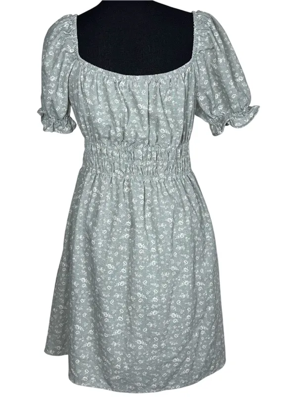 Iris Sage Green Floral Linen Blend Mini Dress L Puff Sleeve Cinched Waist Cottagecore - Image 2