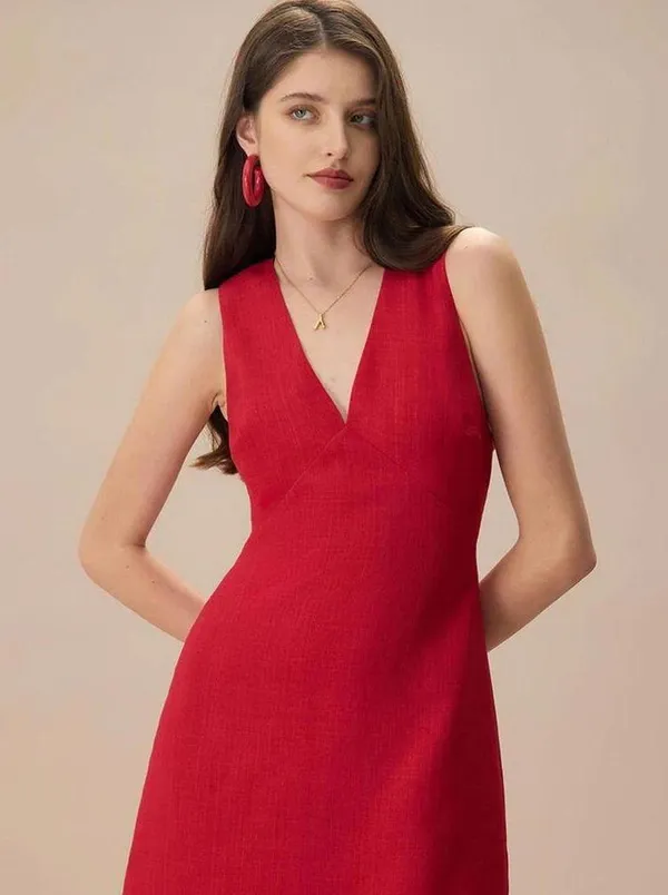 RIHOAS The Red V Neck Sleeveless Linen Mini Dress S 48 - Image 3