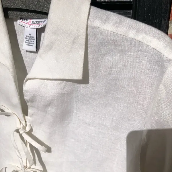 Pink Ribbon Collection White 100% Linen Tie Front Shirt Blouse M - Image 7