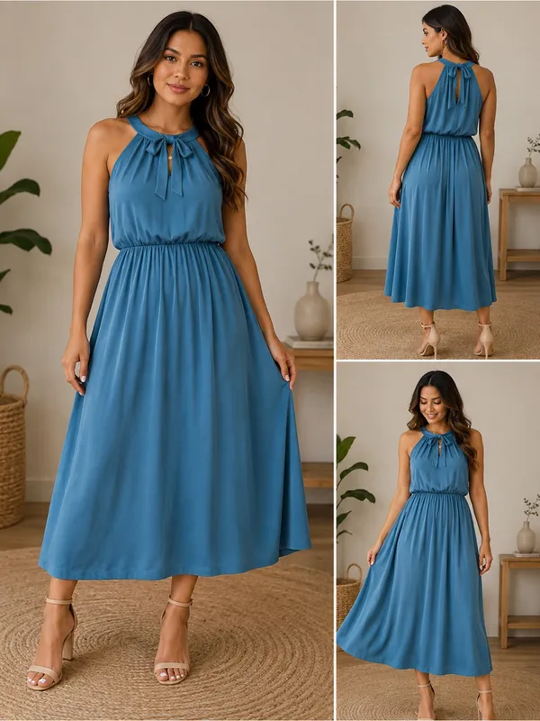Sleeveless Teal Midi Dress with Tie Neck - Image 2