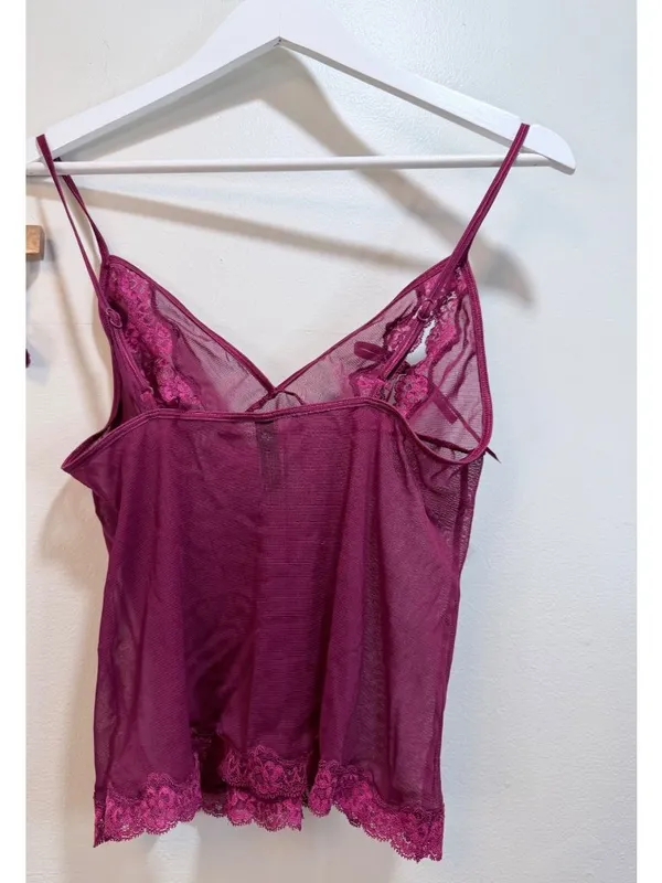 Victorias Secret Sexy Little Things Sheer Mesh Lace Cami Magenta VTG L - Image 8