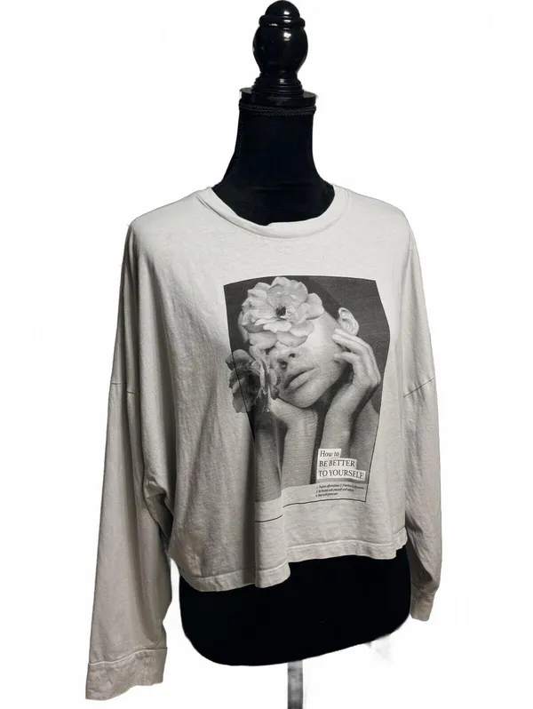 The Long Sleeve Chop Graphic Tee Grey Portrait Floral Art Streetwear Size Large - Image 2