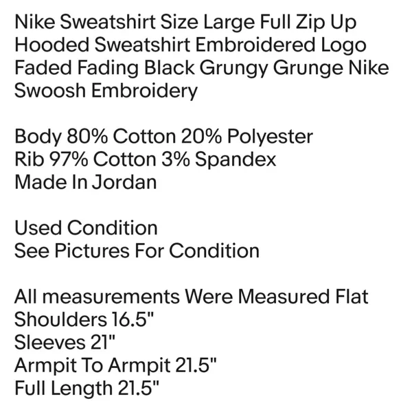 Nike Sweatshirt Size Large Full Zip Up Hooded Sweatshirt Embroidered Logo Faded Fading Black - Image 2