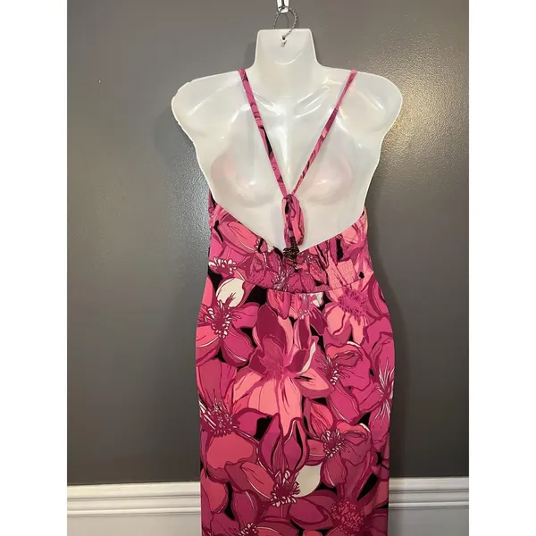 ELLE Dress Womens Medium Pink Floral Halter Maxi Jersey Sundress Casual Summer - Image 7