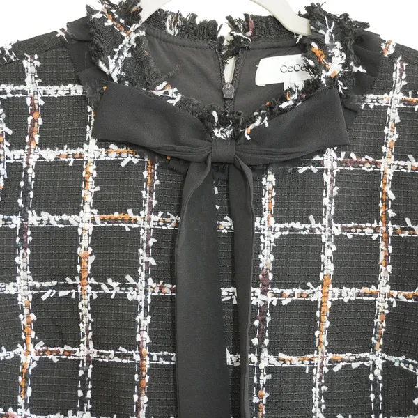 CeCe Size 2 Black Plaid Tweed Shift Dress Bow Neck Fringe NWT Career Chic‎ City - Image 7