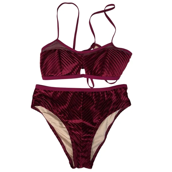 Cupshe Small Keyhole Bikini Swim Top Hi-Cut Bottoms Velvet Adjustable Straps - Image 2