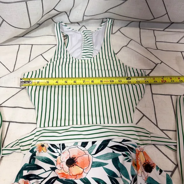 Cupshe One Piece Swimsuit‎ Large Green White Striped Floral Wrap Tie Cutout - Image 4