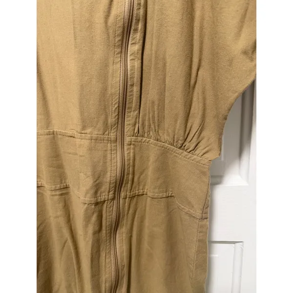 Vintage NEWS from California Asymmetrical Zip Midi Dress Tan Dolman Sleeve L - Image 6