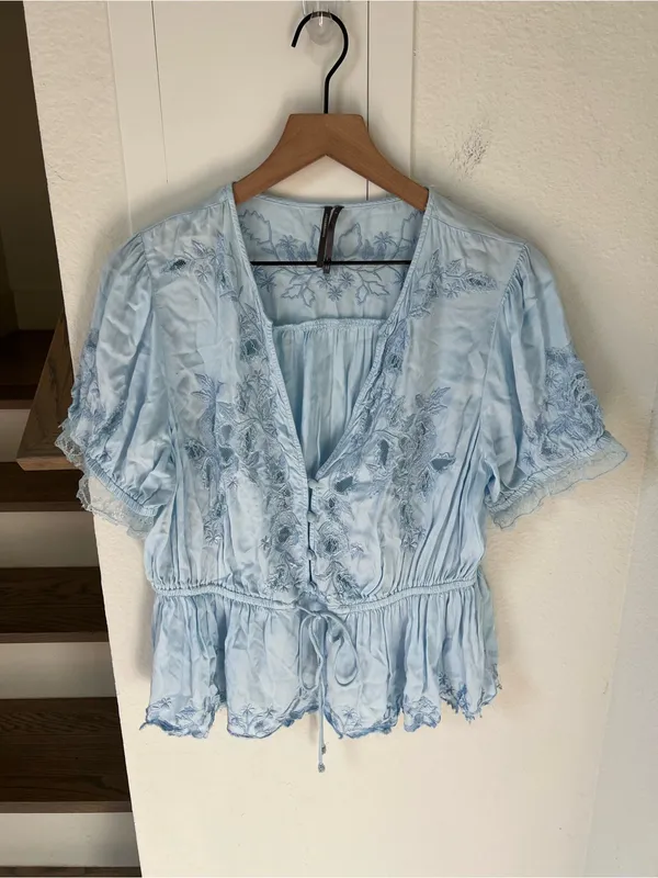 By Anthropologie Embroidered V-Neck Peplum Blouse Top in Nantucket Breeze Blue - Image 4
