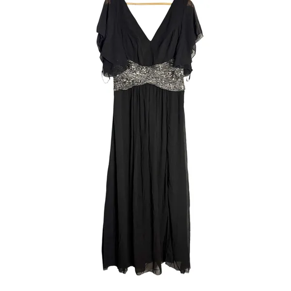Unithorse Black Chiffon Flutter Sleeve Sequin Waist Slit Evening Formal Dress 12 - Image 2