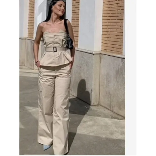 Zara Women's Sz Small Gabardine Top with Belt Light Beige Khaki Strapless Cotton - Image 2