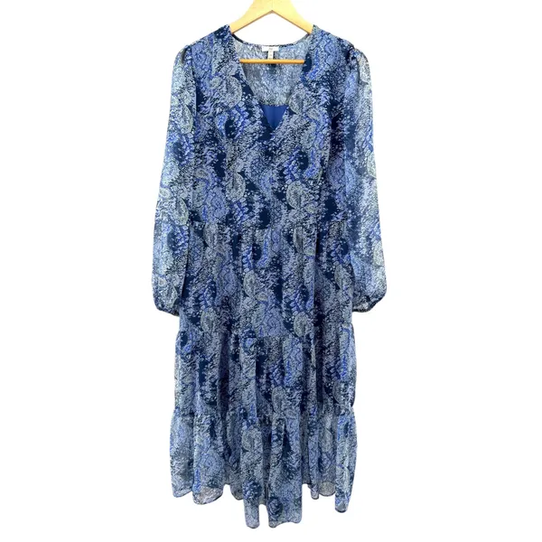 Joie Parisian Paisley Blue Tiered Midi‎ Dress V-Neck Long Sleeve Womens L Flowy - Image 2