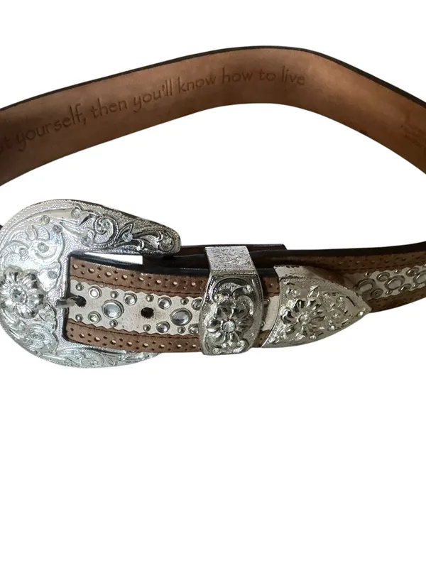 90s Vtg ARIAT belt brown embroidered leather silver floral buckle & rhinestones - Image 2