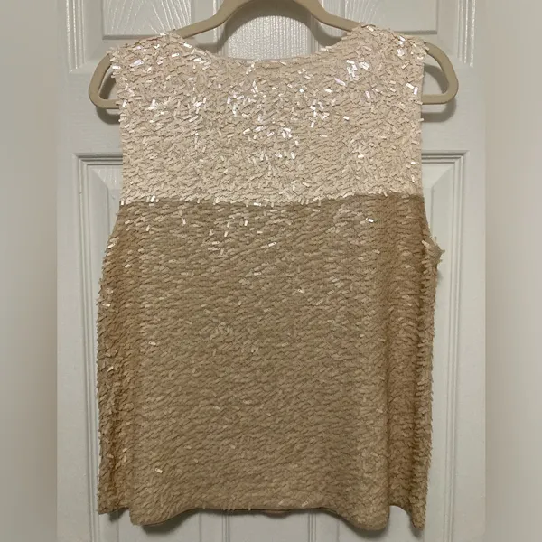 *J. Crew Collection Colorblock Ivory Tan Sequin Large Party Sleeveless Blouse #L - Image 6