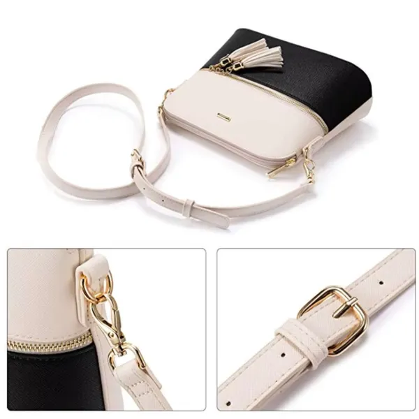 Lovevook Faux Leather Contrast Zip Crossbody Bag Purse Cream Black Small Size - Image 2