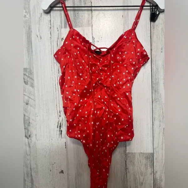 Zara Red Star Print Lace-Up Bodysuit Size XS NWT - Image 6