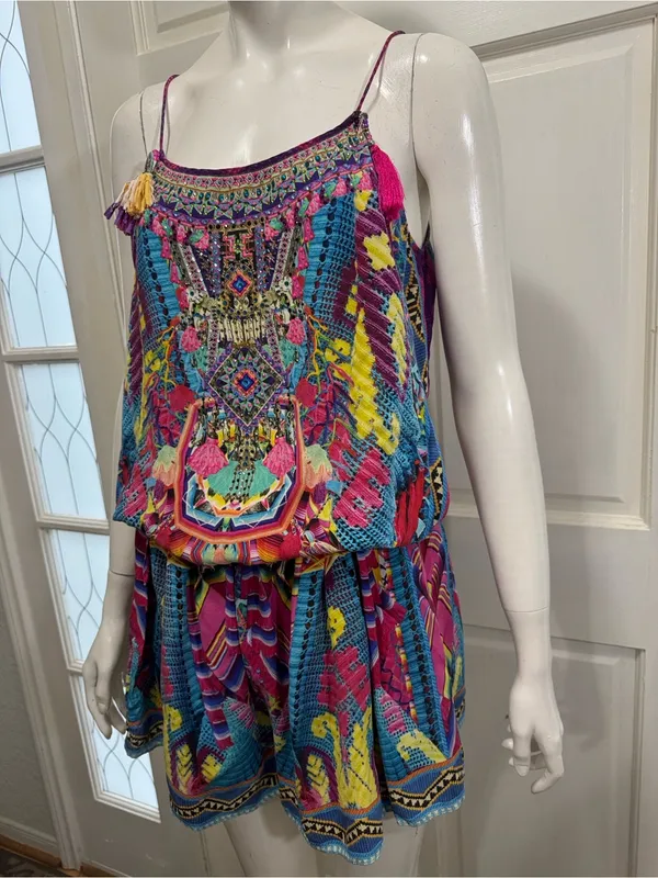 Camilla Pastel Floral Ikat Embroidered Top in Pink, Blue, Purple Size Medium - Image 4