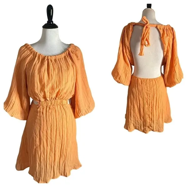 VICI Womens Open Back Balloon Sleeve Mini Dress Size S Orange Crinkle Textured - Image 2