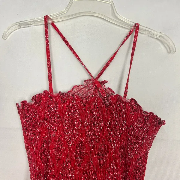Women's Handkerchief Print Smocked Red Maxi Dress Size S/M - Image 11