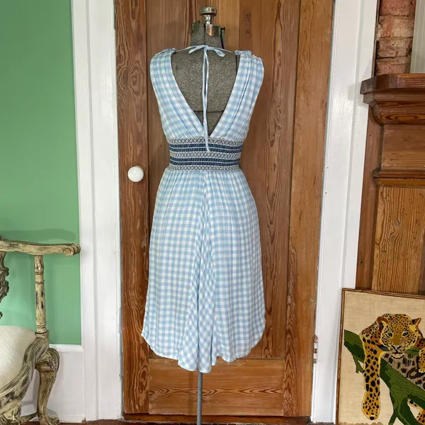 💥ALLEN SCHWARTZ Delilah Blue Gingham Smocked Waist Knee Length Dress XS💛 - Image 4