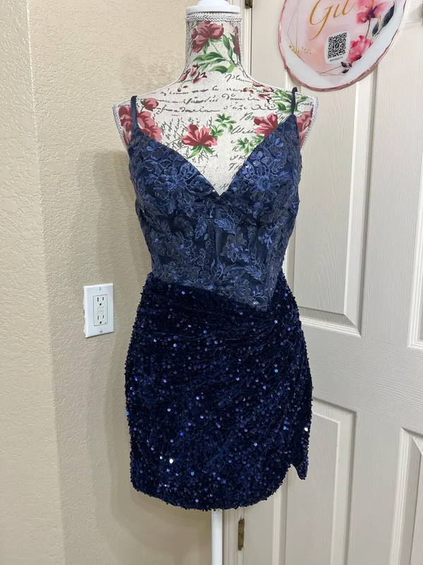 Navy Lace & Sequin Mini Dress with Spaghetti Straps size 12 - Image 2