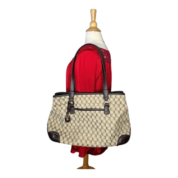 Liz Claiborne Tote Bag Womens Large‎ Beige Brown Monogram Jacquard Satchel Purse - Image 4