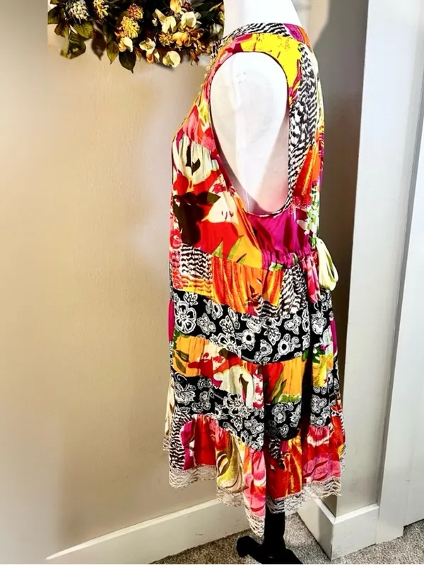 FREE PEOPLE Patchwork Dress Embellished Neck Back Cinch Boho Y2K Floral Sz M💛 - Image 7