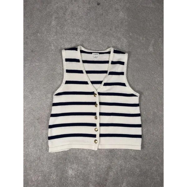 J Crew Sweater Vest Womens M Blue White Striped Button Front Nautical Preppy‎ - Image 3