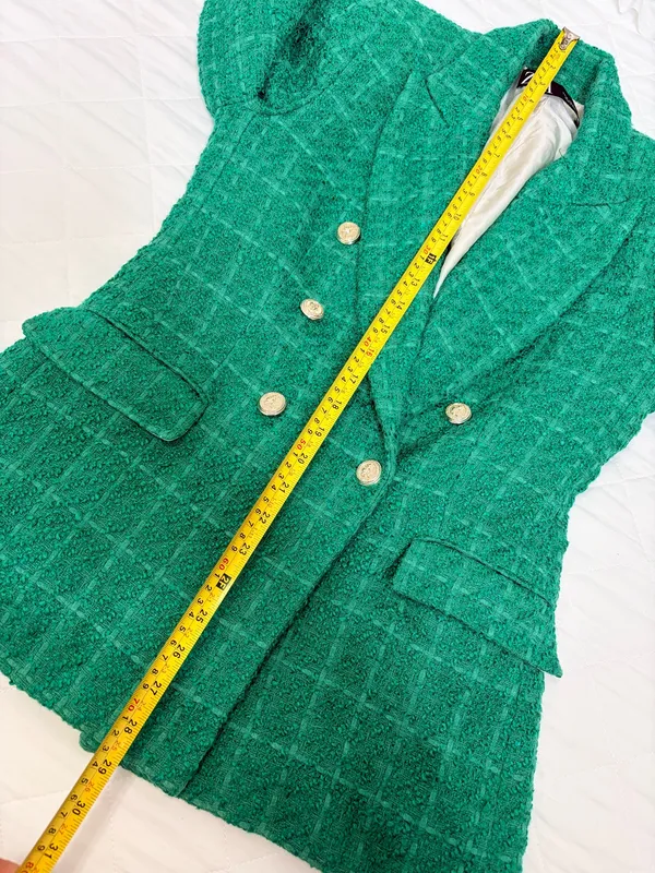 ZARA Green Bouclé Tweed Double Breasted Blazer Gold Button Quiet Luxury Preppy M - Image 8