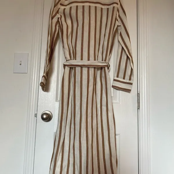 ZARA boho cream tan striped linen buttoned belted collared shirt midi dress XS - Image 9