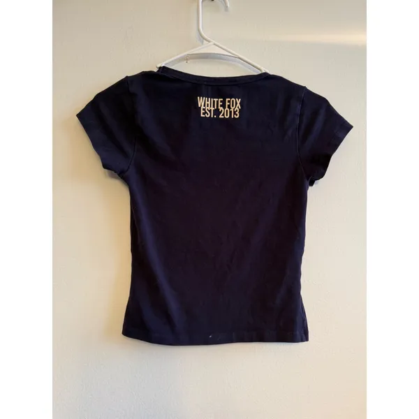 White Fox Boutique Women Navy Blue Graphic Logo Baby Tee XS Short Sleeve Shirt - Image 3