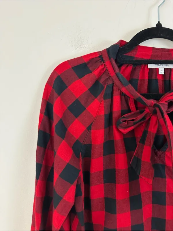 Madewell Red and Black Plaid Flannel Tie-Neck Top Size XS Women's - Image 3