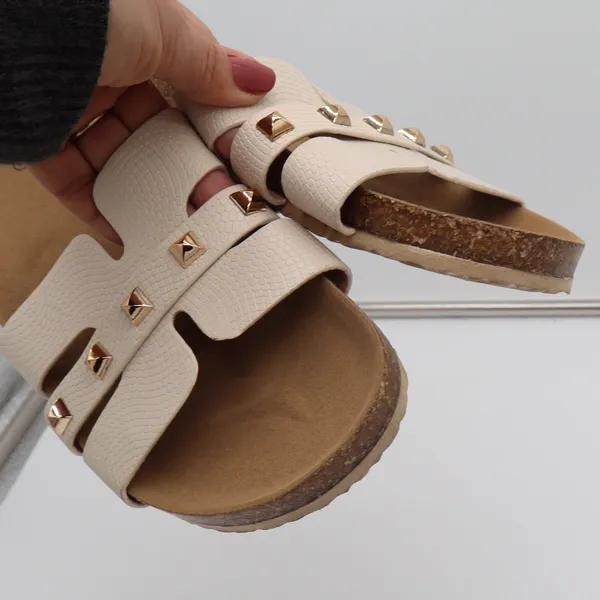 Unbranded Slide Sandals Womens 41 H-Strap Pyramid Studs Cream Cork Good - Image 6