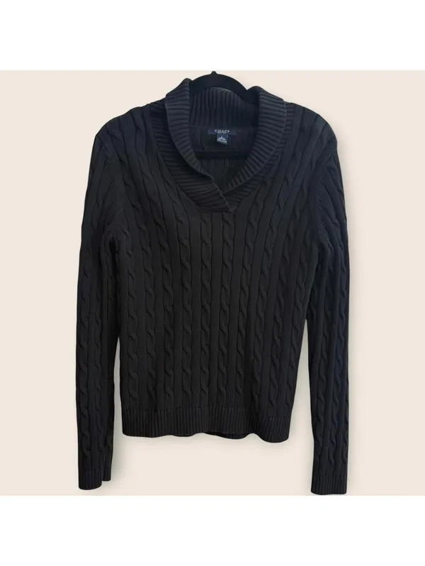 Chaps Women’s Large Black Cable Knit Shawl Collar Sweater Preppy - Image 2