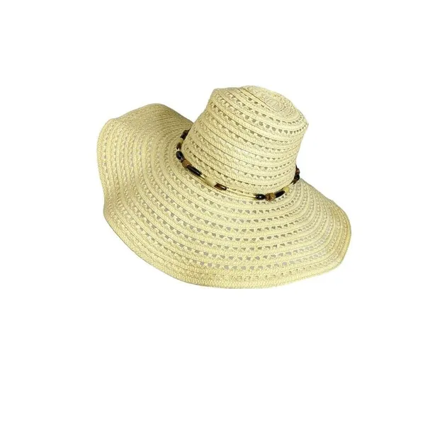 STRAW BIG RIM HAT W/ BEADS Beige‎ Tan Summer Beach Boho - Image 2