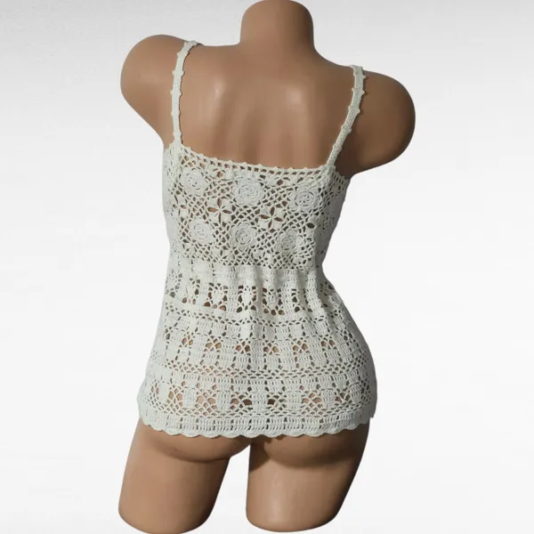 Crochet Tank Top Cream Sleeveless Drawstring Boho Bohemian Festival Small - Image 5