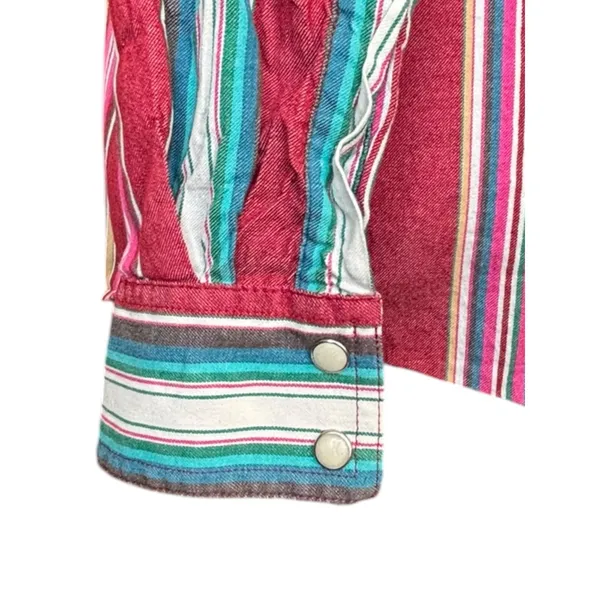 Wrangler Retro Western Pearl Snap Striped Shirt Pink Teal Cotton Small‎ Cowgirl - Image 4