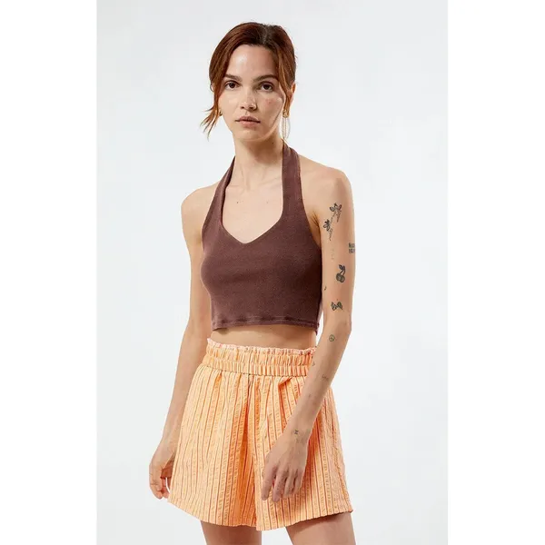 PacSun Brown Ribbed Halter Top V-Neck Open Back‎ Cropped Fitted Medium NWT NEW - Image 4